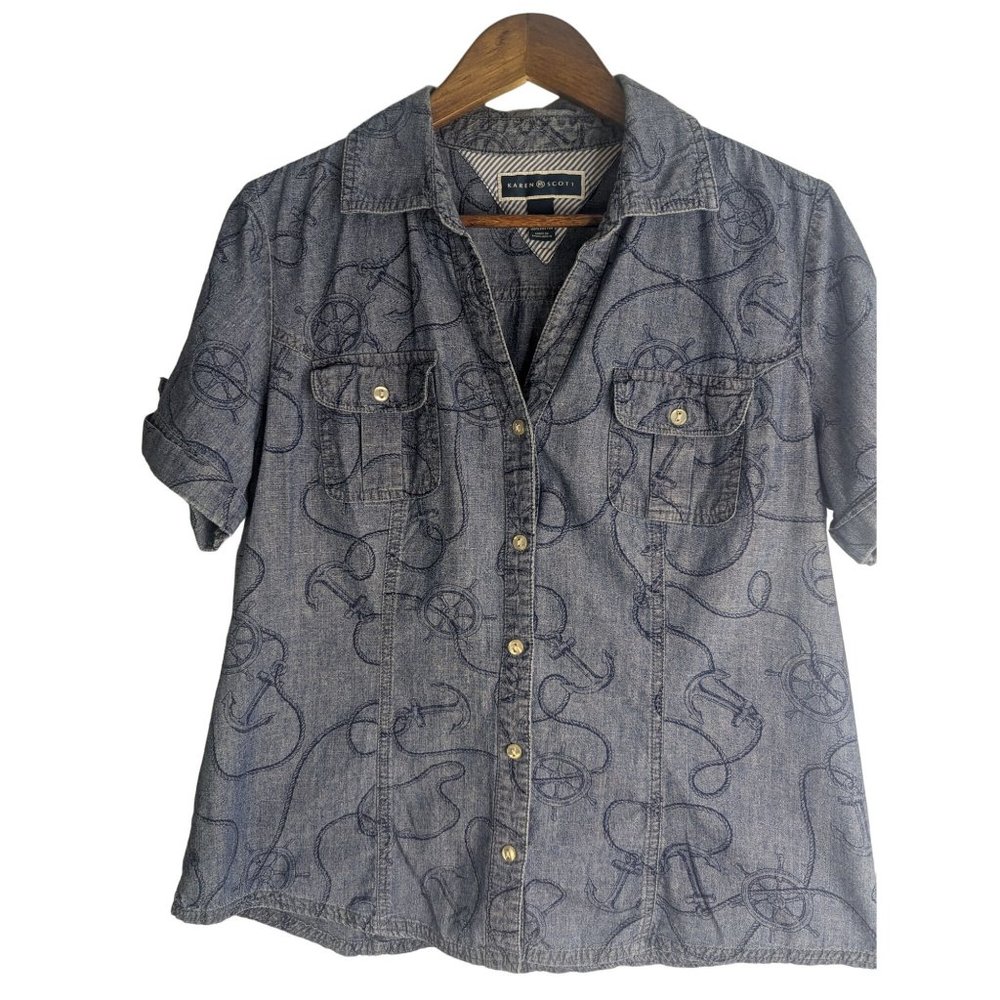Karen Scott Short Sleeve Nautical Beach Print Denim Shirt Buttoned Down Sz L